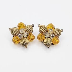 0030 Vintage 40s To 60s Gold and Yellow Floral Crystal Beaded Clip Earrings